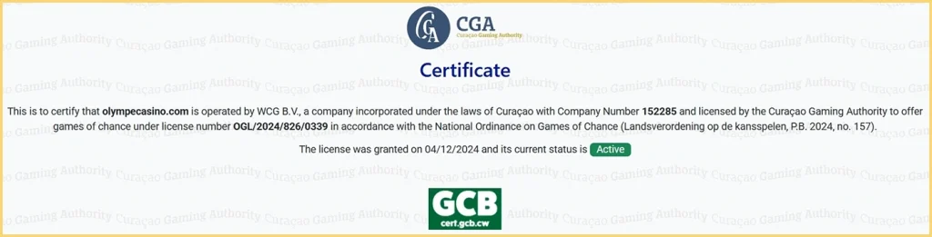 Olympe Casino license