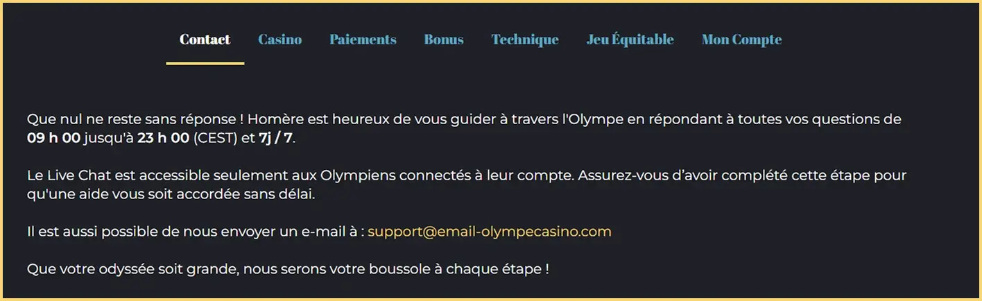 Olympe Casino Support au Joueur